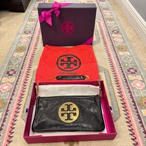 Tory Burch Black Leather Clutch with Gold Emblem